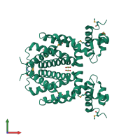 Homo dimeric assembly 1 of PDB entry 4mk6 coloured by chemically distinct molecules, front view.