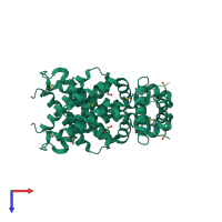 Homo dimeric assembly 1 of PDB entry 4mk6 coloured by chemically distinct molecules, top view.