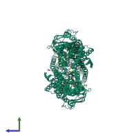 Homo dimeric assembly 1 of PDB entry 4mrs coloured by chemically distinct molecules, side view.