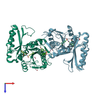 PDB entry 4mue coloured by chain, top view.