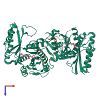 Homo dimeric assembly 1 of PDB entry 4muj coloured by chemically distinct molecules, top view.