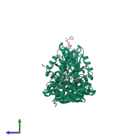 Homo dimeric assembly 2 of PDB entry 4muj coloured by chemically distinct molecules, side view.