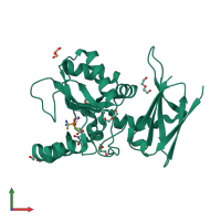 Monomeric assembly 1 of PDB entry 4muq coloured by chemically distinct molecules, front view.