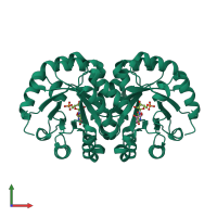 Homo dimeric assembly 1 of PDB entry 4muz coloured by chemically distinct molecules, front view.