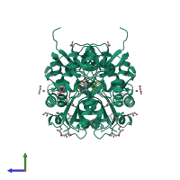 Homo dimeric assembly 1 of PDB entry 4n07 coloured by chemically distinct molecules, side view.