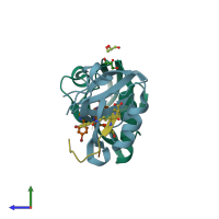 PDB entry 4nmv coloured by chain, side view.