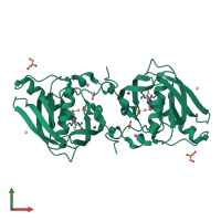 Homo dimeric assembly 1 of PDB entry 4nt8 coloured by chemically distinct molecules, front view.