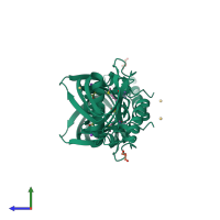 Homo dimeric assembly 1 of PDB entry 4nt8 coloured by chemically distinct molecules, side view.