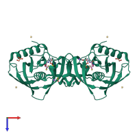 Homo dimeric assembly 1 of PDB entry 4nt8 coloured by chemically distinct molecules, top view.