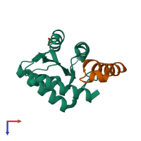 Hetero dimeric assembly 1 of PDB entry 4nut coloured by chemically distinct molecules, top view.