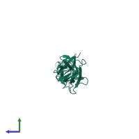 Monomeric assembly 2 of PDB entry 4of5 coloured by chemically distinct molecules, side view.