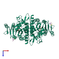 Homo dimeric assembly 1 of PDB entry 4olc coloured by chemically distinct molecules, top view.