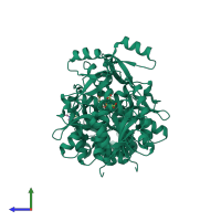 Homo dimeric assembly 2 of PDB entry 4olc coloured by chemically distinct molecules, side view.