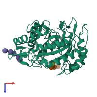 Monomeric assembly 2 of PDB entry 4ooz coloured by chemically distinct molecules, top view.