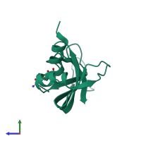 Monomeric assembly 2 of PDB entry 4ot4 coloured by chemically distinct molecules, side view.