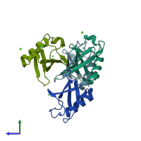 PDB entry 4pig coloured by chain, side view.