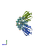 PDB entry 4pol coloured by chain, side view.