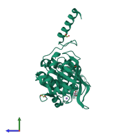 Monomeric assembly 1 of PDB entry 4pr0 coloured by chemically distinct molecules, side view.