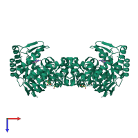 Homo dimeric assembly 1 of PDB entry 4pum coloured by chemically distinct molecules, top view.