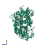 Monomeric assembly 2 of PDB entry 4px3 coloured by chemically distinct molecules, side view.