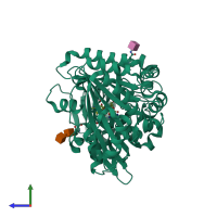 Monomeric assembly 1 of PDB entry 4pzf coloured by chemically distinct molecules, side view.