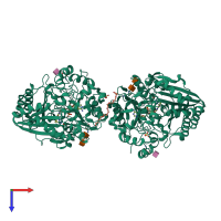 Homo dimeric assembly 5 of PDB entry 4pzf coloured by chemically distinct molecules, top view.