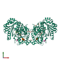 Homo dimeric assembly 6 of PDB entry 4pzf coloured by chemically distinct molecules, front view.