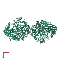 Homo dimeric assembly 6 of PDB entry 4pzf coloured by chemically distinct molecules, top view.