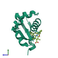 Monomeric assembly 1 of PDB entry 4qo4 coloured by chemically distinct molecules, side view.