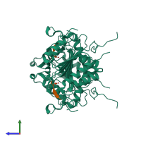 Hetero tetrameric assembly 1 of PDB entry 4qua coloured by chemically distinct molecules, side view.