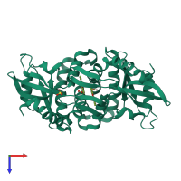 Homo dimeric assembly 1 of PDB entry 4qxr coloured by chemically distinct molecules, top view.