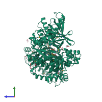 Homo dimeric assembly 1 of PDB entry 4r1m coloured by chemically distinct molecules, side view.