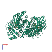 Homo dimeric assembly 1 of PDB entry 4r1m coloured by chemically distinct molecules, top view.