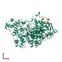 Hetero trimeric assembly 1 of PDB entry 4r1r coloured by chemically distinct molecules, front view.