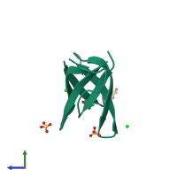 Homo dimeric assembly 2 of PDB entry 4rbw coloured by chemically distinct molecules, side view.