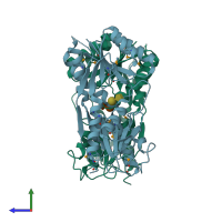 PDB entry 4rk7 coloured by chain, side view.
