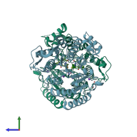 PDB entry 4rn1 coloured by chain, side view.