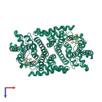 Homo dimeric assembly 1 of PDB entry 4rxa coloured by chemically distinct molecules, top view.