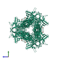 Homo hexameric assembly 1 of PDB entry 4s1t coloured by chemically distinct molecules, side view.