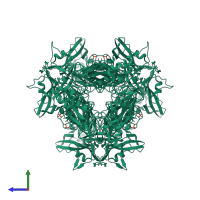 Homo hexameric assembly 2 of PDB entry 4s1t coloured by chemically distinct molecules, side view.