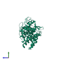 Monomeric assembly 1 of PDB entry 4txa coloured by chemically distinct molecules, side view.