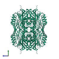 Homo octameric assembly 1 of PDB entry 4tzb coloured by chemically distinct molecules, side view.