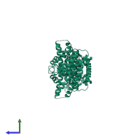 Homo dimeric assembly 1 of PDB entry 4u0z coloured by chemically distinct molecules, side view.