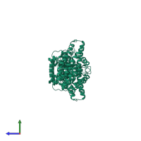 Homo dimeric assembly 4 of PDB entry 4u0z coloured by chemically distinct molecules, side view.