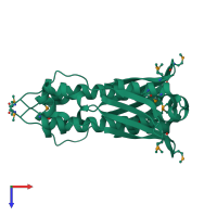 Homo dimeric assembly 1 of PDB entry 4u64 coloured by chemically distinct molecules, top view.