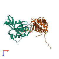 Hetero dimeric assembly 1 of PDB entry 4uj5 coloured by chemically distinct molecules, top view.