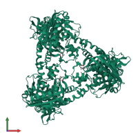 Homo trimeric assembly 1 of PDB entry 4ust coloured by chemically distinct molecules, front view.