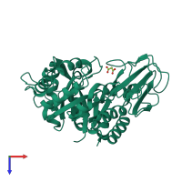 Monomeric assembly 1 of PDB entry 4w5u coloured by chemically distinct molecules, top view.