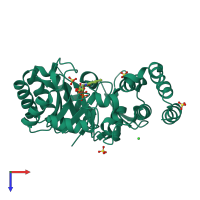 Monomeric assembly 1 of PDB entry 4wfs coloured by chemically distinct molecules, top view.