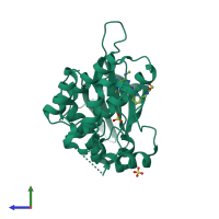 Monomeric assembly 1 of PDB entry 4wov coloured by chemically distinct molecules, side view.